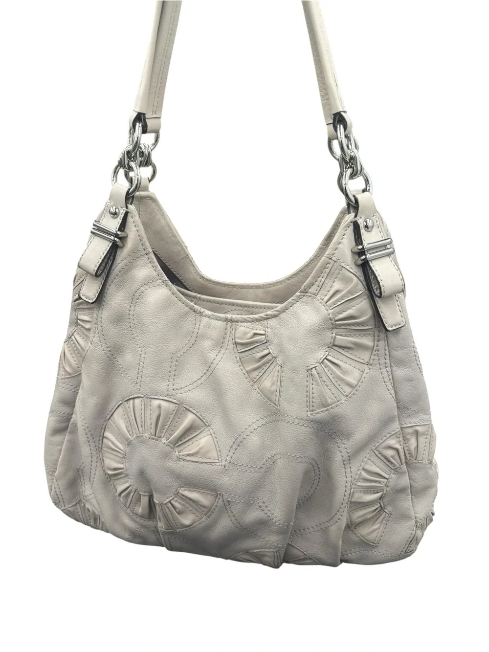 Coach Kristin Leather Pleated Floral Appliqué Hobo Shoulder Bag Ivory Taupe 2010
